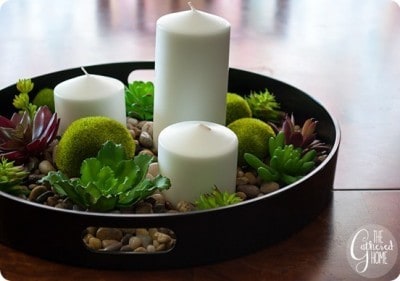 Candle Centerpiece with Rocks and Succulents