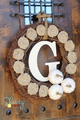 Fall wreath with burlap rosettes