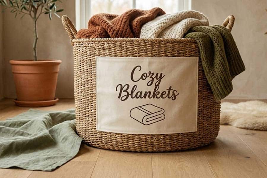 blanket basket with text label