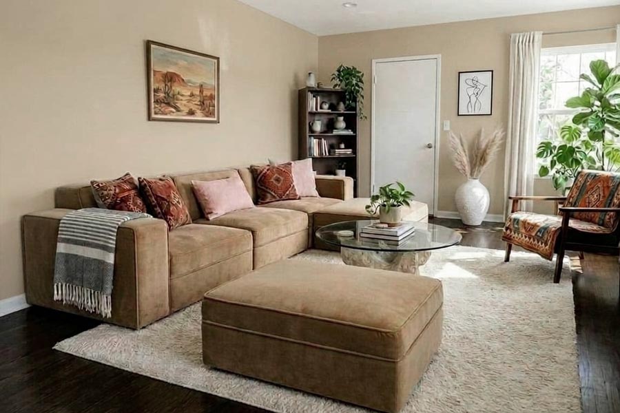 Cozy living room with tan sofa and storage