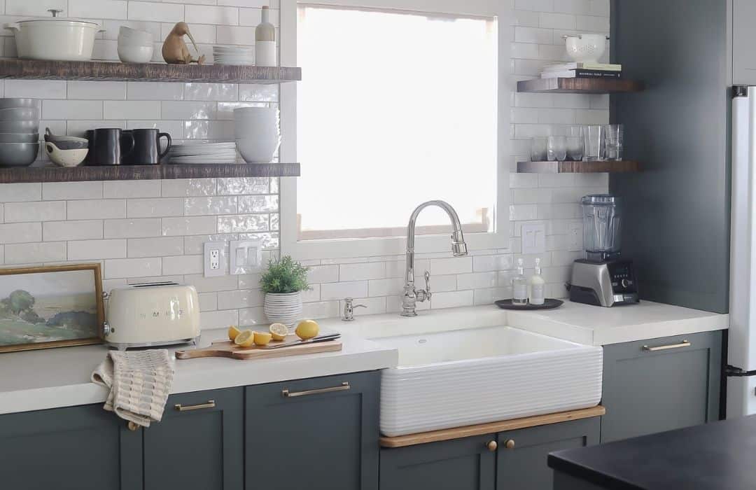 DIY Kitchen Reveal with Smart Design Choices sink and floating shelves