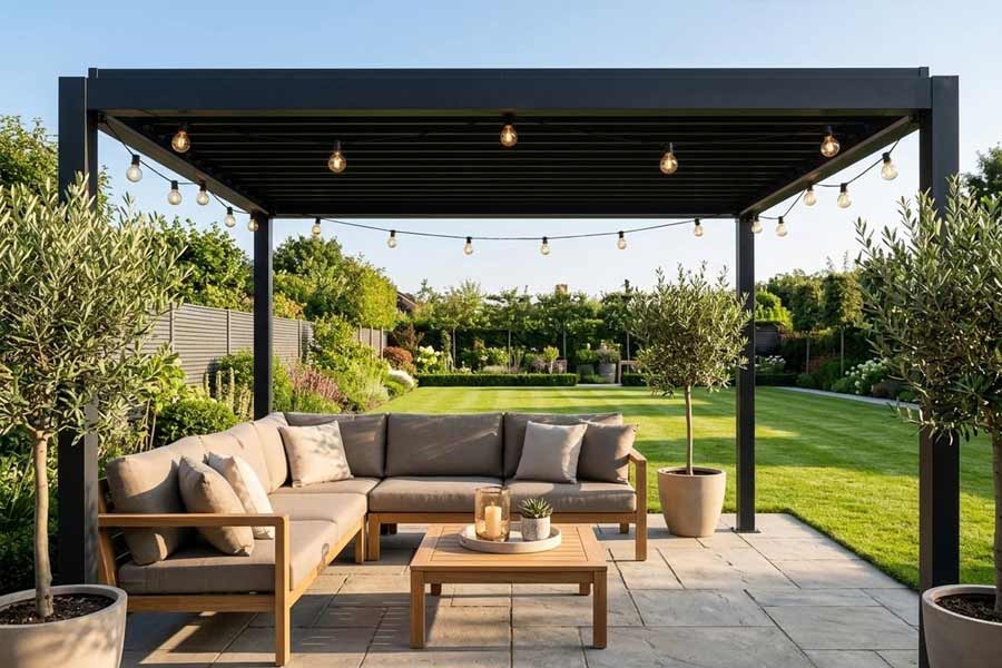 backyard entertaining area patio pergola string lights