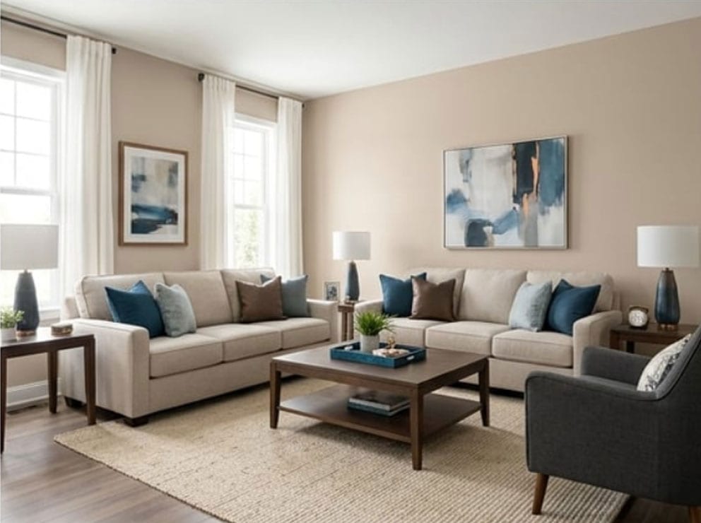 behr creamy mushroom living room blue