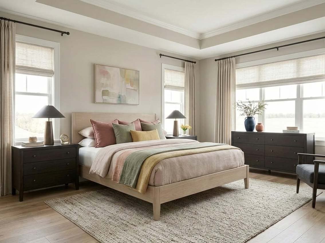 behr toasty gray in primary bedroom