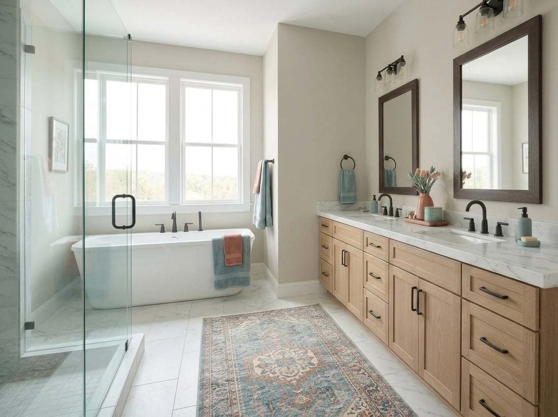 bright bathroom with behr toasty gray paint