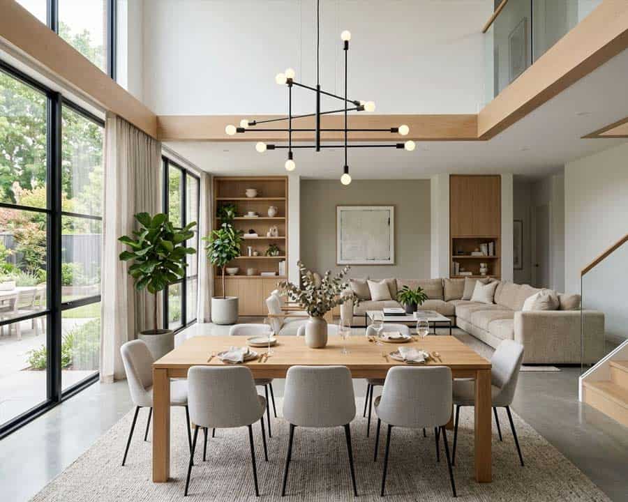 chandelier above modern dining setup