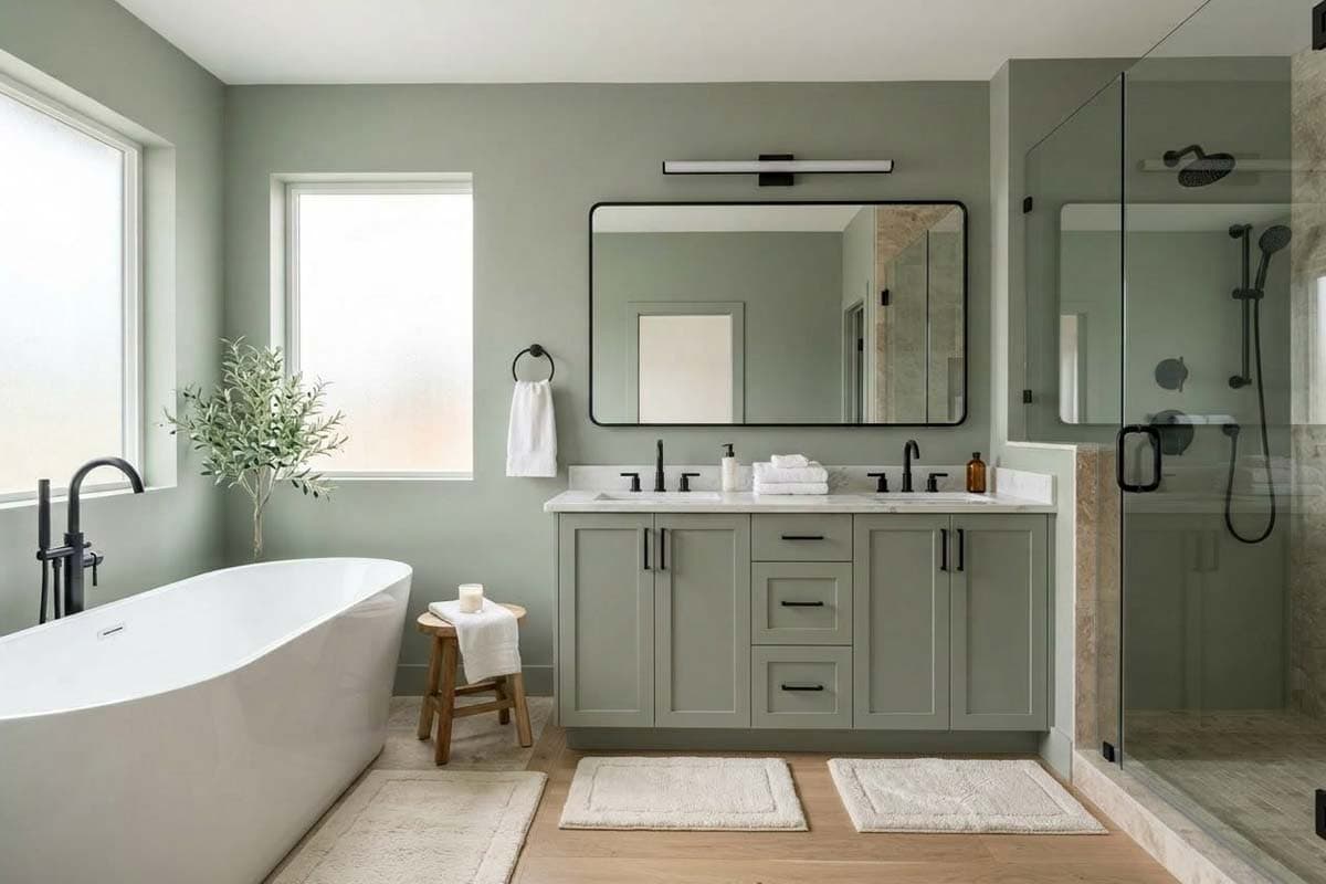 clary sage paint in a new bathroom