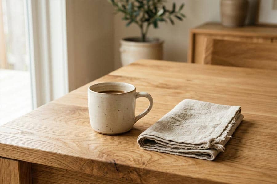 close up wood breakfast table ex