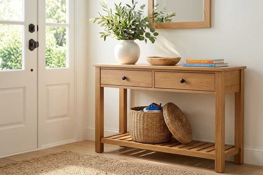 cozy hallway table with decor and books