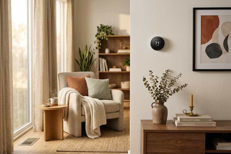 cozy living room thermostat warm light