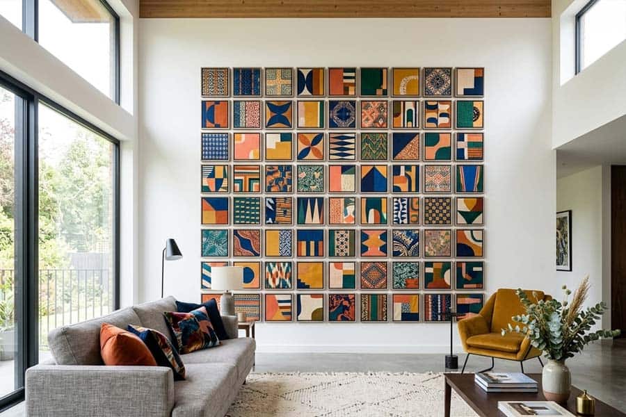 fabric artwork grid on feature wall