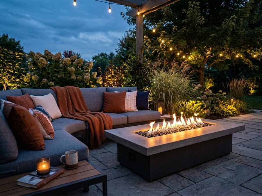 fire pit at night backyard