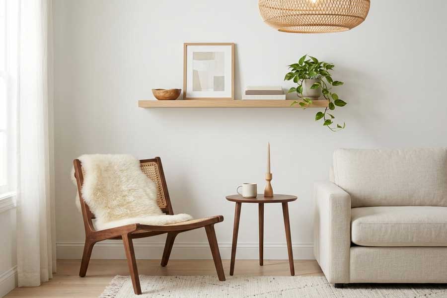 floating oak shelf neutral wall styling