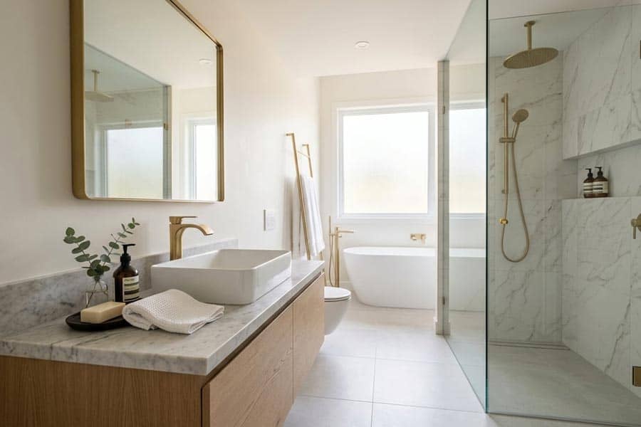 gorgeous fixtures in remodeled bathroom