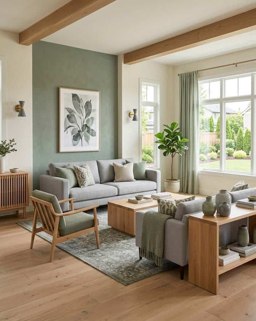 gray sofas with sage green wood tones