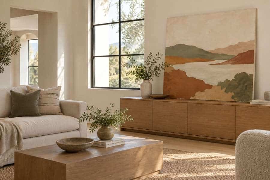 A finished golden-hour landscape painting in terracotta, ochre and sage, framed in light oak above a walnut sideboard on a warm greige wall