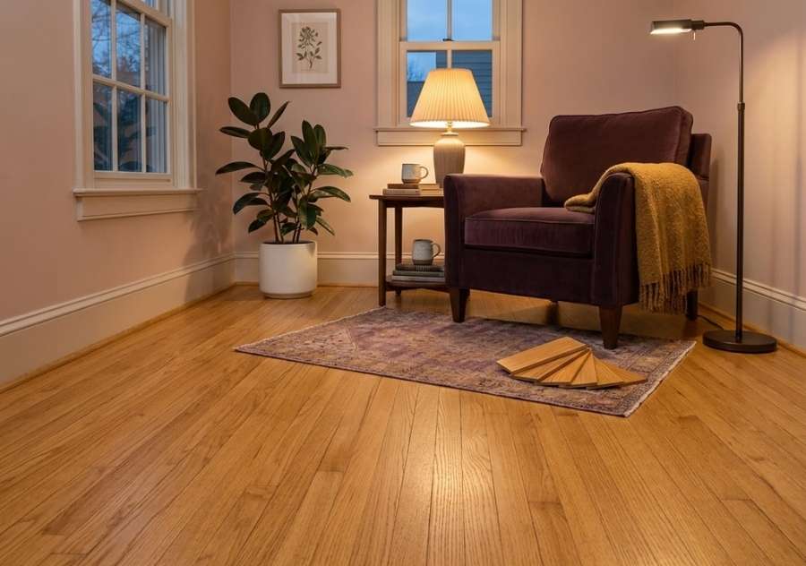 honey oak stain lamplit reading nook