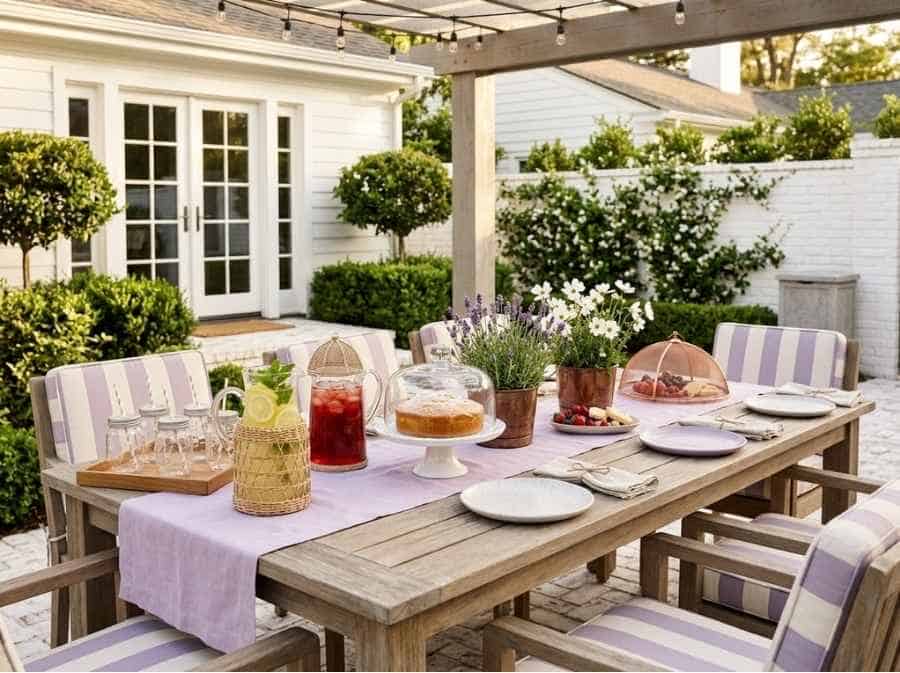 lavender teak patio hosting tablescape