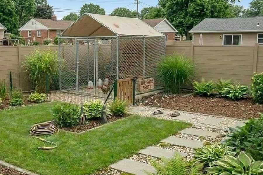 metal coop backyard design gravel fence