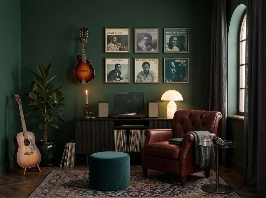 music themed den mandolin record wall