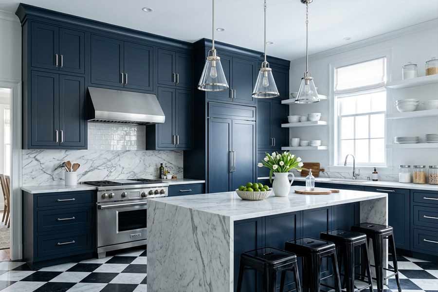navy-marble-kitchen-checkerboard-floor navy marble kitchen checkerboard floor