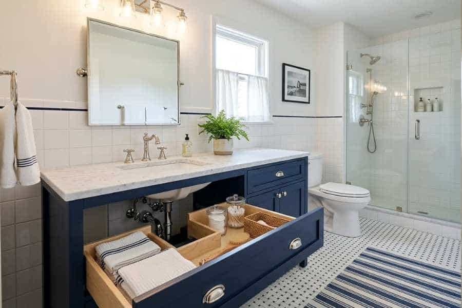 navy vanity existing plumbing refresh