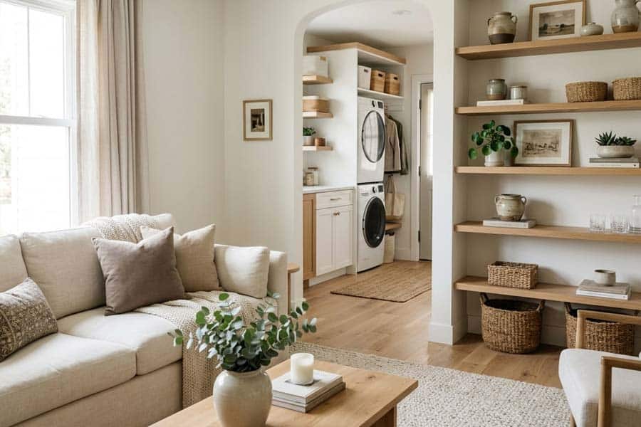 nicely decorated utility room off living space