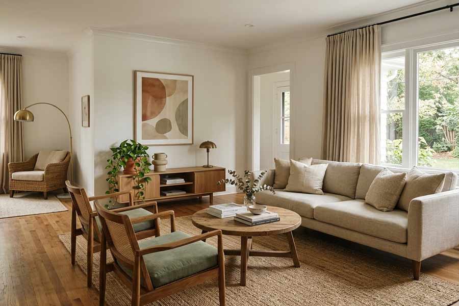 open living room layered seating arrangement