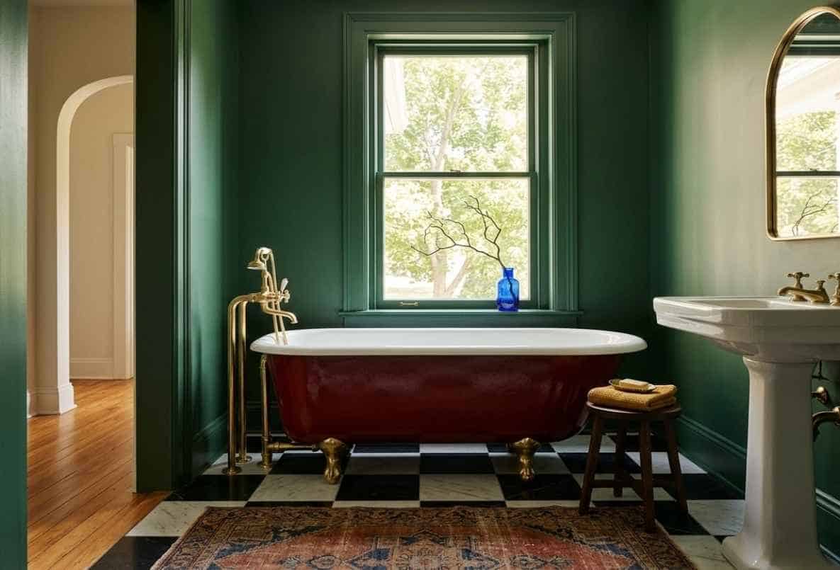 oxblood clawfoot tub green bathroom