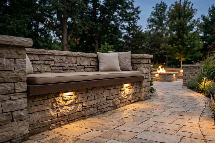 paver patio seating wall lighting