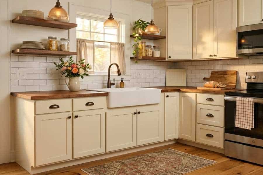 repainted cream kitchen sink cabinets