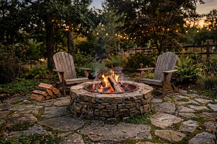 rustic wood burning stone firepit