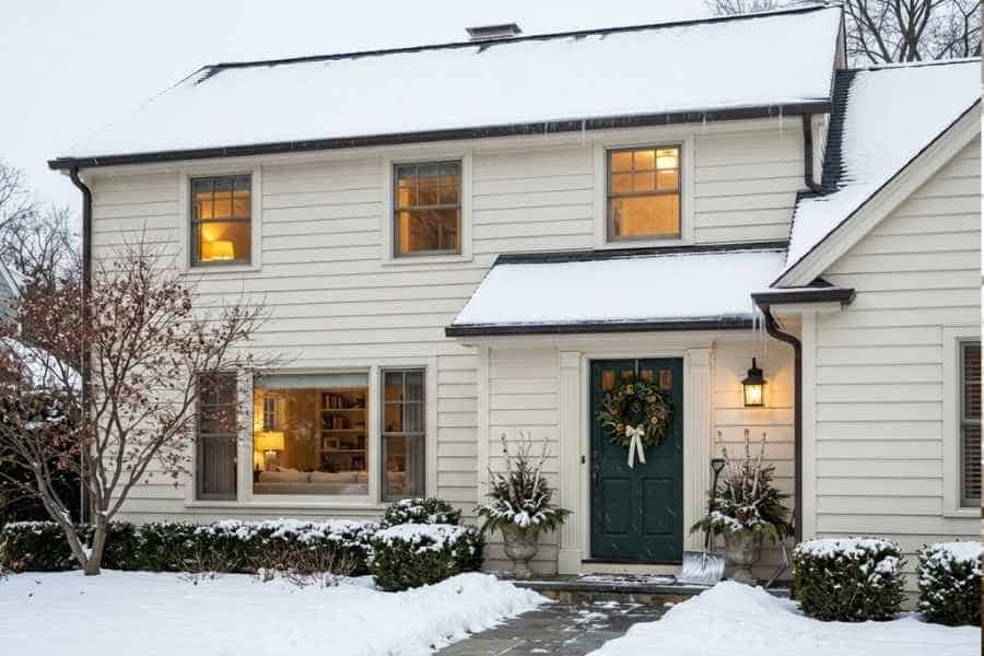 snow covered roofline cozy winter home