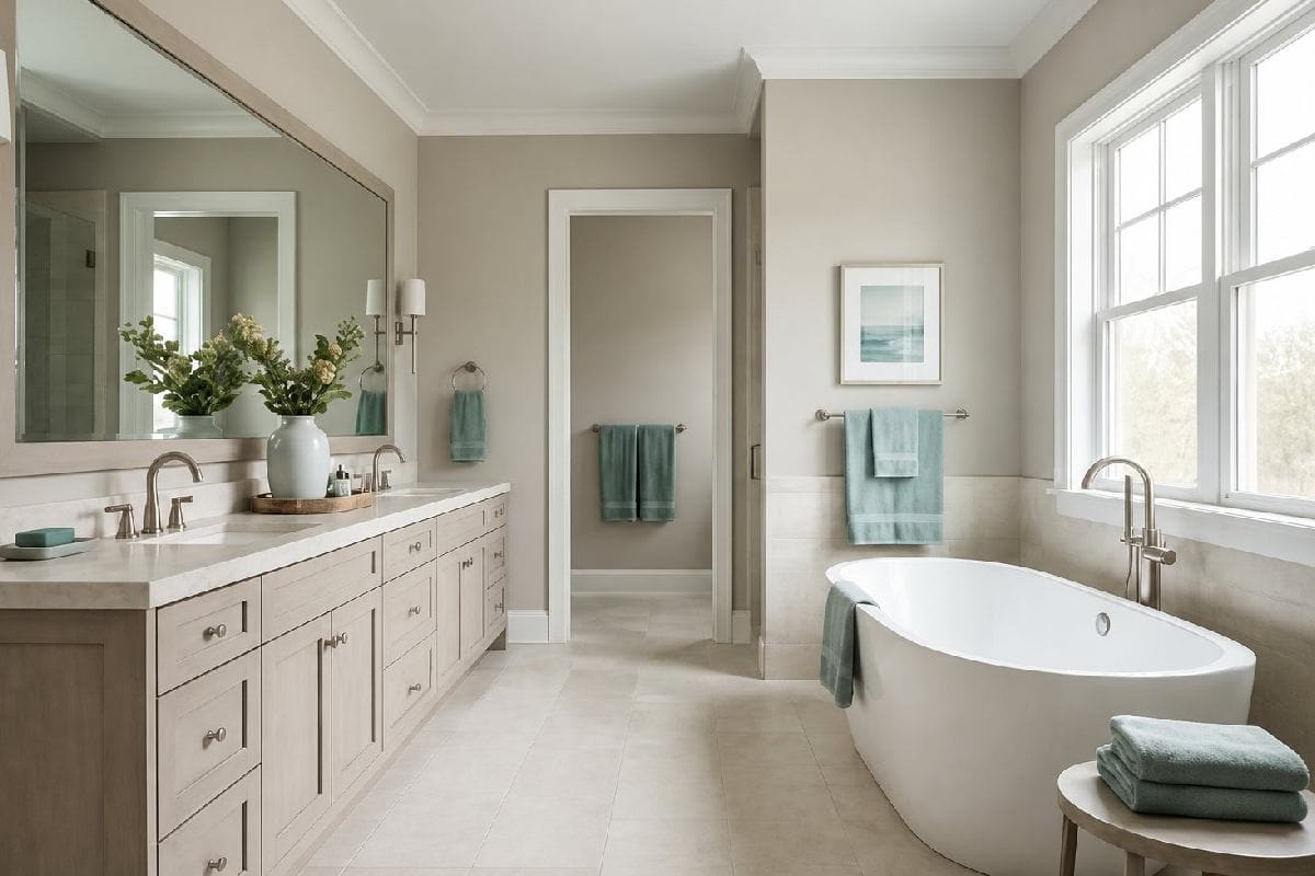 sw repose gray look in new bathroom