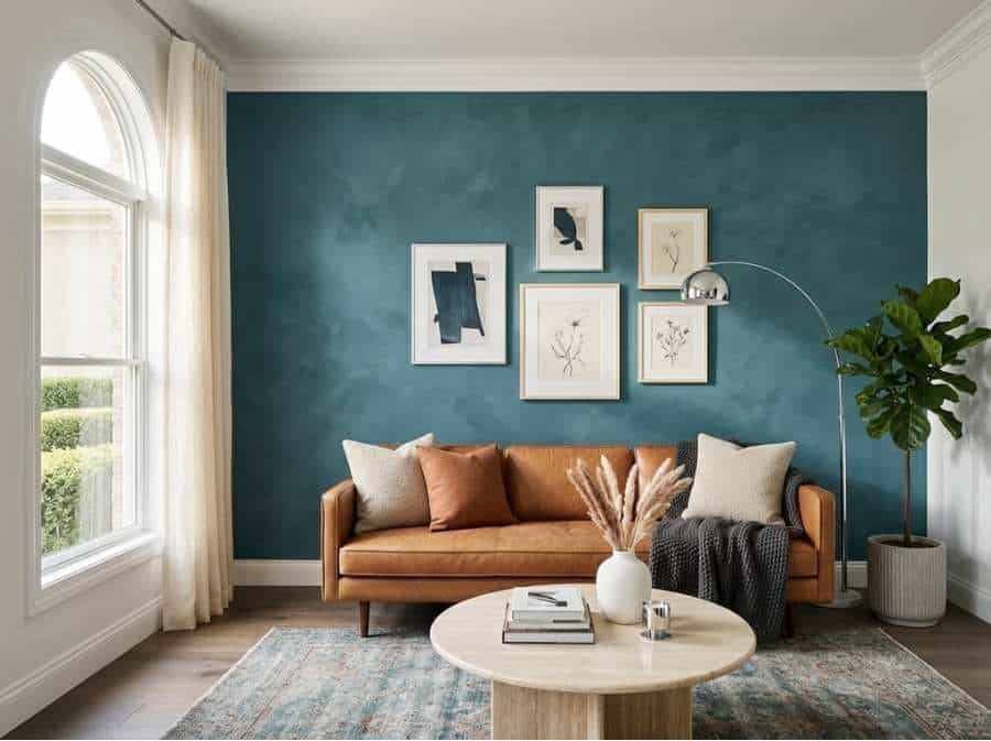 teal limewash accent wall living room hdr