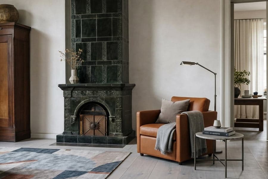 tiled stove with modern decor