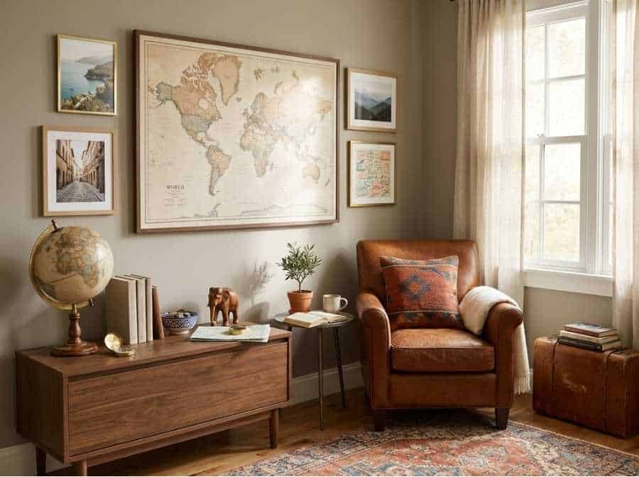 travel themed reading nook vintage maps