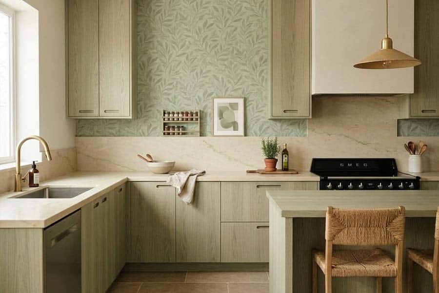 wallpaper-oak-cabinet-kitchen-earthy wallpaper oak cabinet kitchen earthy