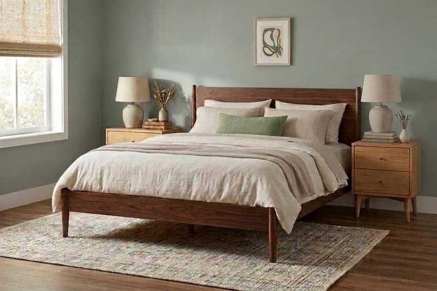 walnut bed cool wall cream textiles