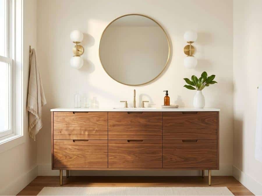 walnut-double-vanity-round-mirror-globe-sconces walnut double vanity round mirror globe sconces