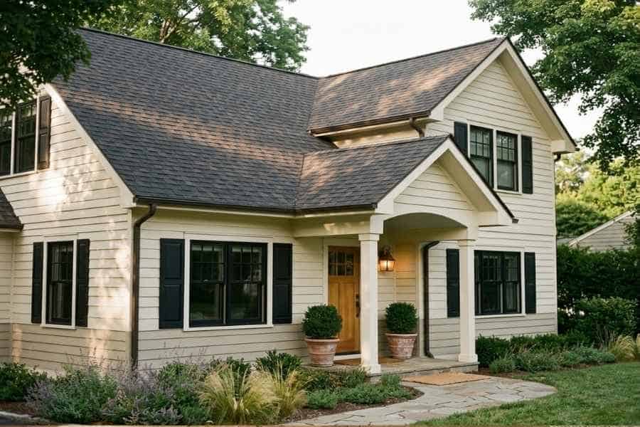 warm cream home charcoal roof exterior hdr