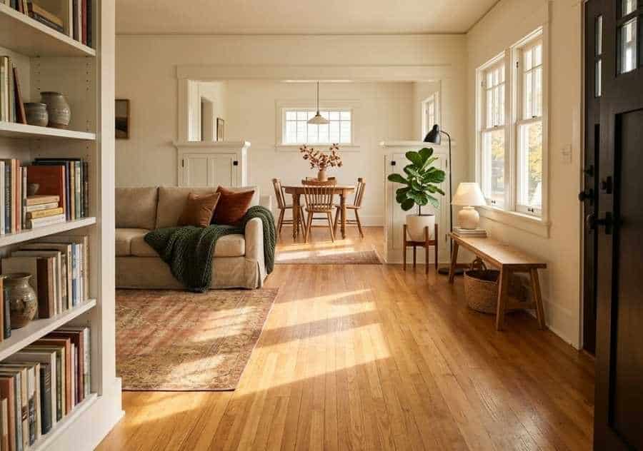 warm honey oak living room floors hdr