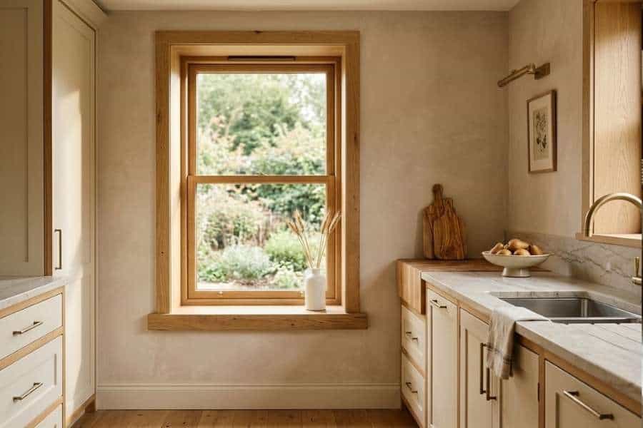 warm oak window frame kitchen vignette