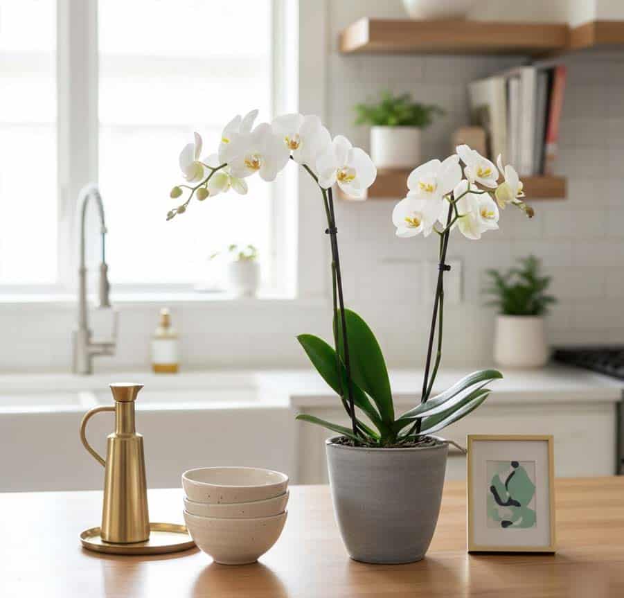 white orchid on kitchen counter